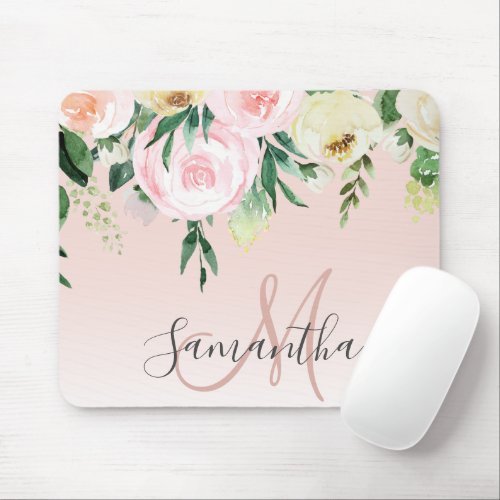 Modern Pastel Pink  Flowers With Name Mouse Pad