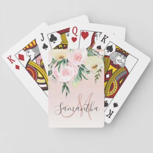 Modern Pastel Pink  Flowers With Name Poker Cards