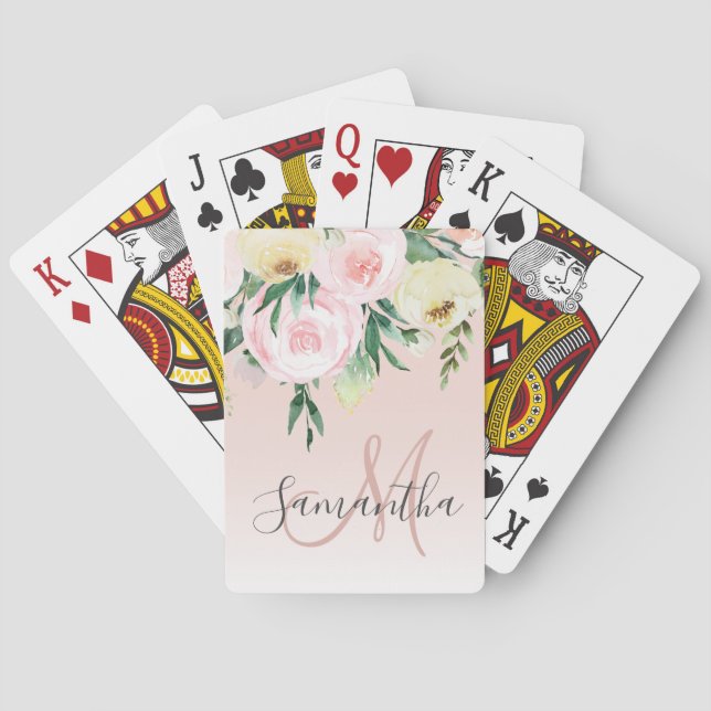 Modern Pastel Pink & Flowers With Name Poker Cards (Back)