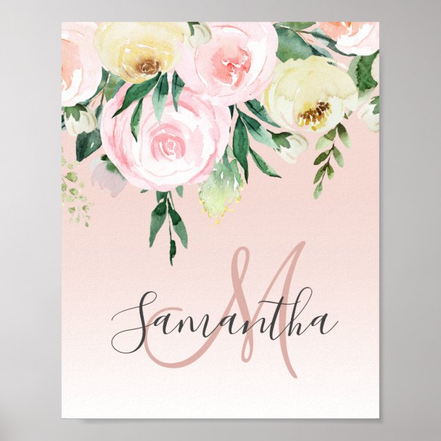 Modern Pastel Pink & Flowers With Name Poster (Front)