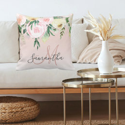 Modern Pastel Pink &amp; Flowers With Name Throw Pillow