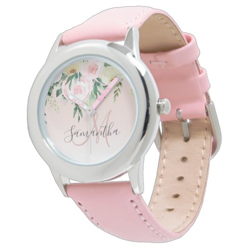 Modern Pastel Pink &amp; Flowers With Name Watch
