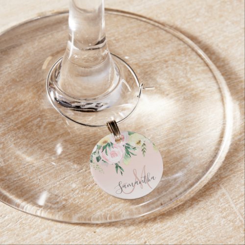 Modern Pastel Pink  Flowers With Name Wine Charm