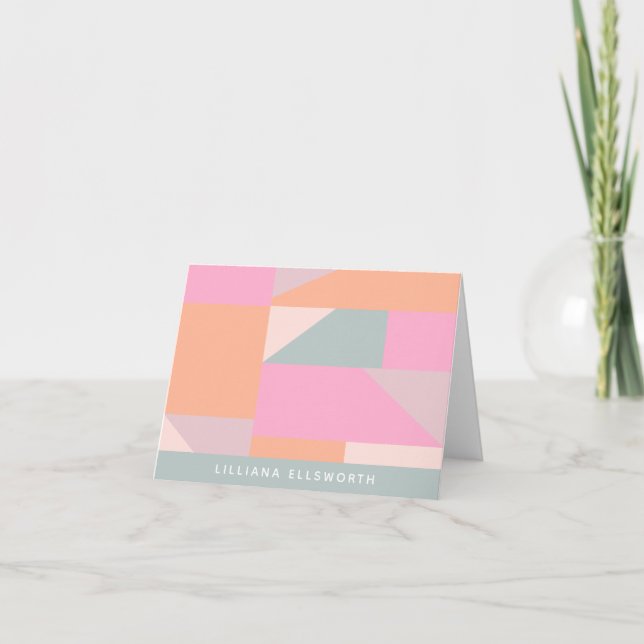 Modern Pastel Pink Geometric Personalized Name Note Card (Front)