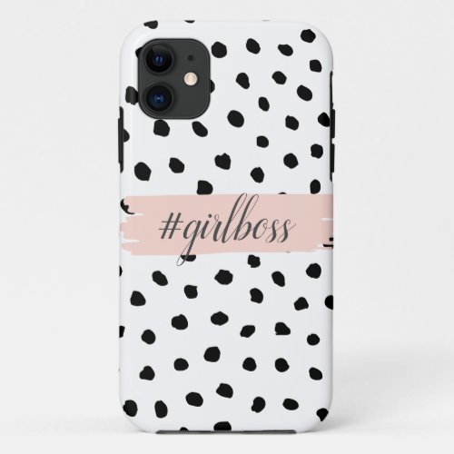 Modern Pastel Pink Girl Boss  Black Dots iPhone 11 Case