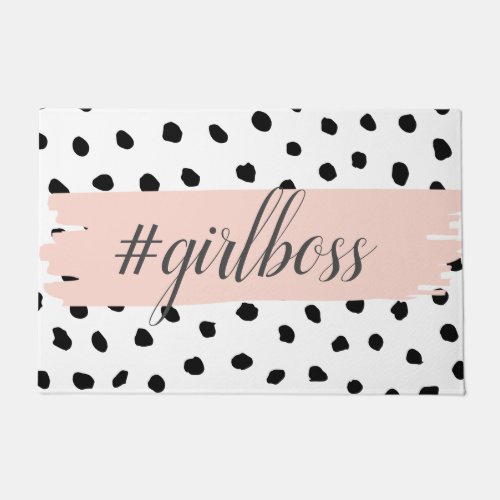 Modern Pastel Pink Girl Boss  Black Dots Doormat