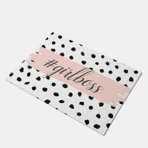 Modern Pastel Pink Girl Boss & Black Dots Doormat