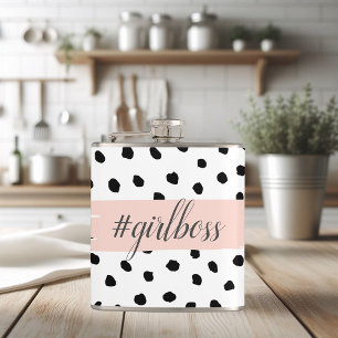 Modern Pastel Pink Girl Boss & Black Dots Flask