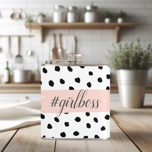 Modern Pastel Pink Girl Boss  Black Dots Flask