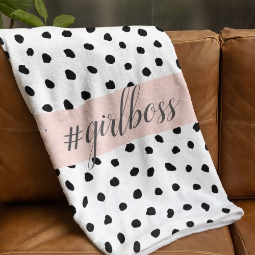 Modern Pastel Pink Girl Boss  Black Dots Fleece Blanket