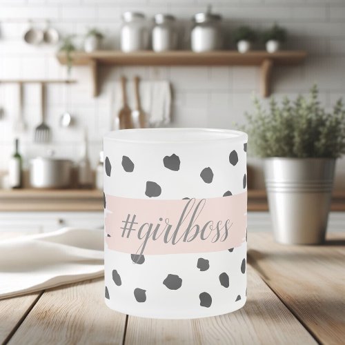 Modern Pastel Pink Girl Boss  Black Dots Frosted Glass Coffee Mug