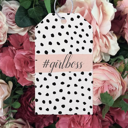 Modern Pastel Pink Girl Boss  Black Dots Gift Tags