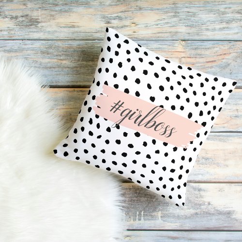 Modern Pastel Pink Girl Boss  Black Dots Outdoor Pillow