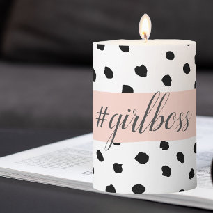 Modern Pastel Pink Girl Boss & Black Dots Pillar Candle