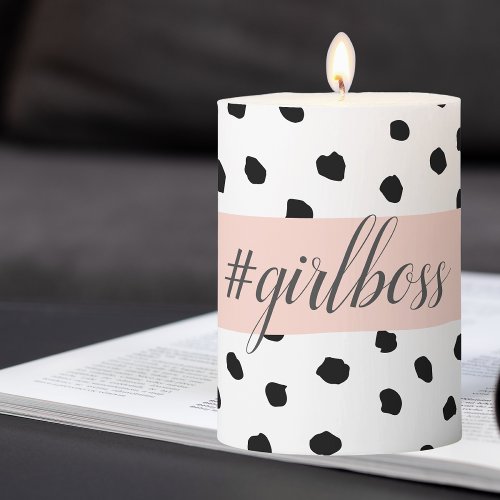 Modern Pastel Pink Girl Boss  Black Dots Pillar Candle