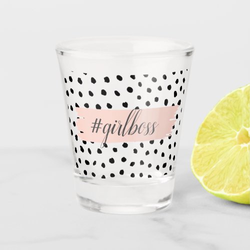 Modern Pastel Pink Girl Boss  Black Dots Shot Glass