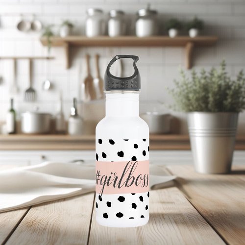 Modern Pastel Pink Girl Boss  Black Dots Stainless Steel Water Bottle