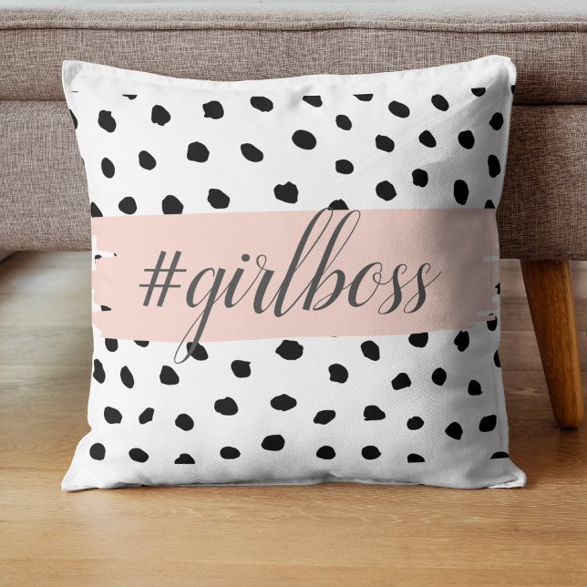 Modern Pastel Pink Girl Boss & Black Dots Throw Pillow (Creator Uploaded)
