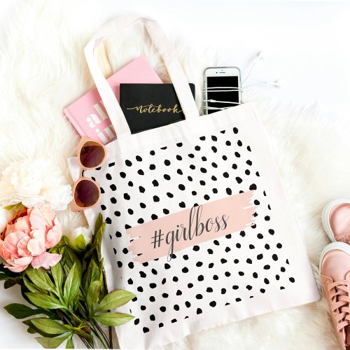 Modern Pastel Pink Girl Boss  Black Dots Tote Bag