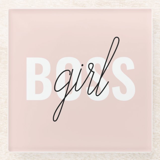 Modern Pastel Pink Girl Boss Phrase Glass Coaster (Front)