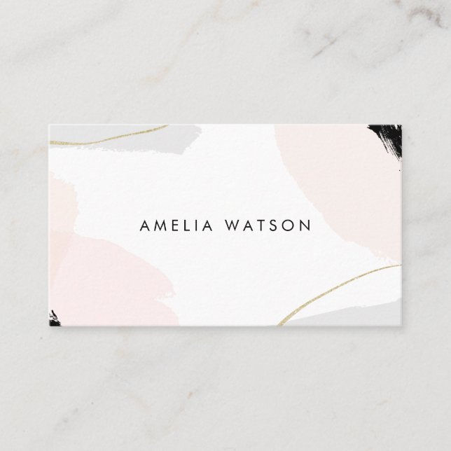 Modern Pastel Pink, Gold & Gray Brush Strokes Business Card (Front)