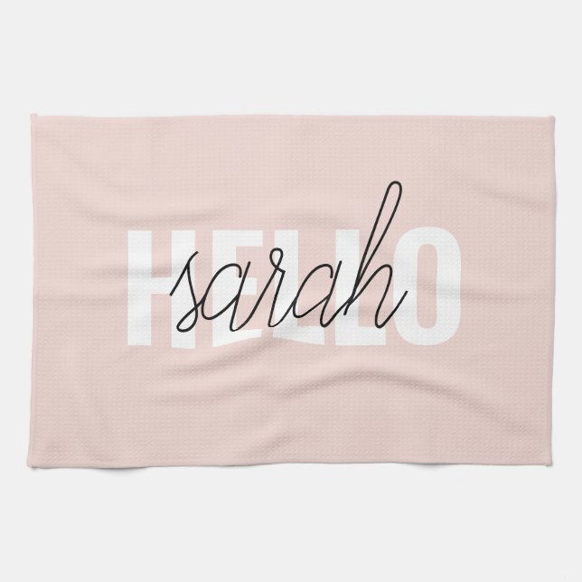 Modern Pastel Pink Hello And You Name Kitchen Towel (Horizontal)