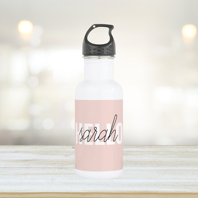 Modern Pastel Pink Hello And You Name Stainless Steel Water Bottle (Creator Uploaded)