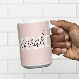 Modern Pastel Pink Hello And You Name Two-Tone Coffee Mug