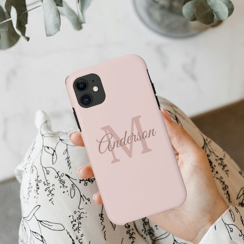 Modern Pastel Pink  Personal Initial Girly iPhone 11 Case