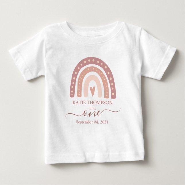 Modern Pastel Pink Rainbow Boho First Birthday Baby T-Shirt (Front)