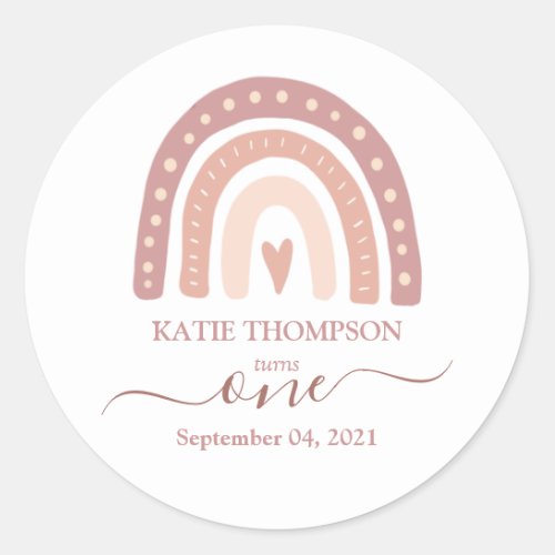 Modern Pastel Pink Rainbow Boho First Birthday Classic Round Sticker