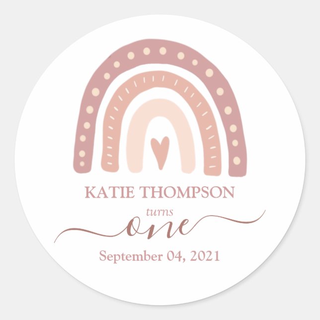 Modern Pastel Pink Rainbow Boho First Birthday Classic Round Sticker (Front)