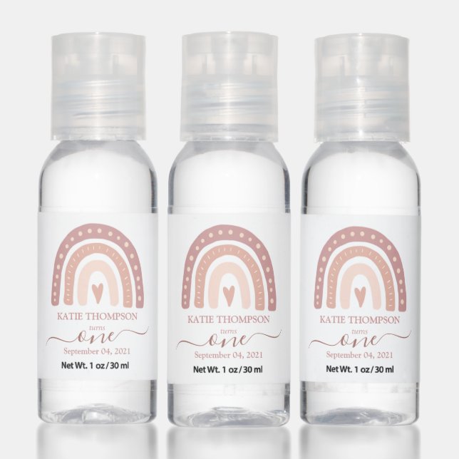 Modern Pastel Pink Rainbow Boho First Birthday Hand Sanitizer (Set)