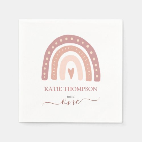 Modern Pastel Pink Rainbow Boho First Birthday Napkins