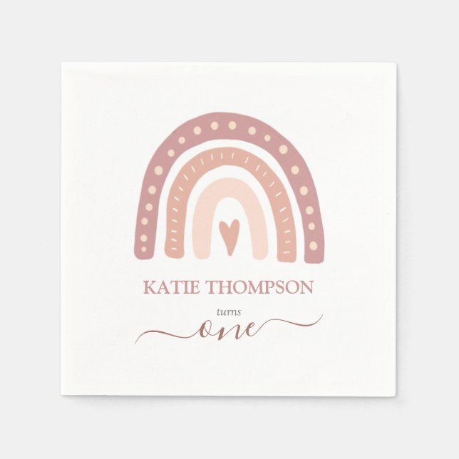 Modern Pastel Pink Rainbow Boho First Birthday Napkins (Front)