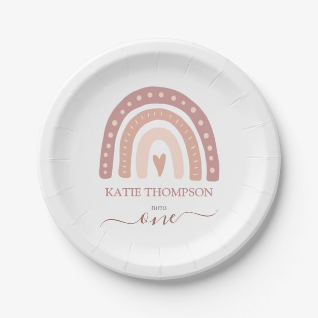 Modern Pastel Pink Rainbow Boho First Birthday Paper Plates (Front)