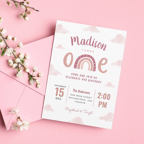 Modern Pastel Pink Rainbow Clouds First Birthday Invitation