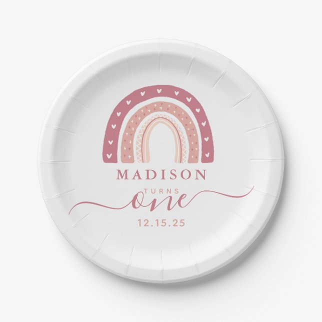 Modern Pastel Pink Rainbow First Birthday Paper Plates (Front)
