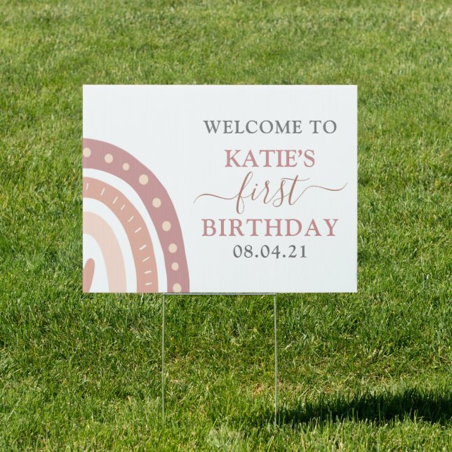Modern Pastel Pink Rainbow First Birthday Welcome Sign (Insitu)