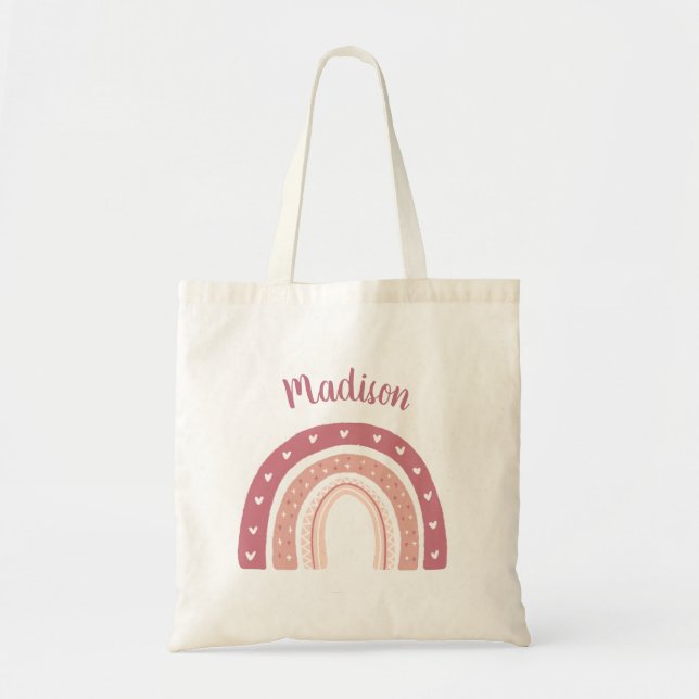Modern Pastel Pink Rainbow Personalized Tote Bag (Front)