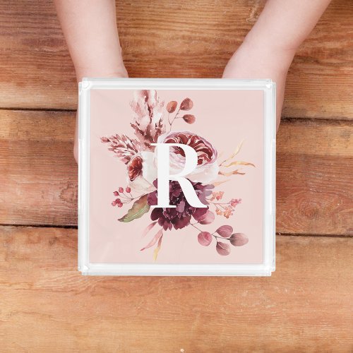 Modern Pastel Pink  Red Floral With Initial Acrylic Tray