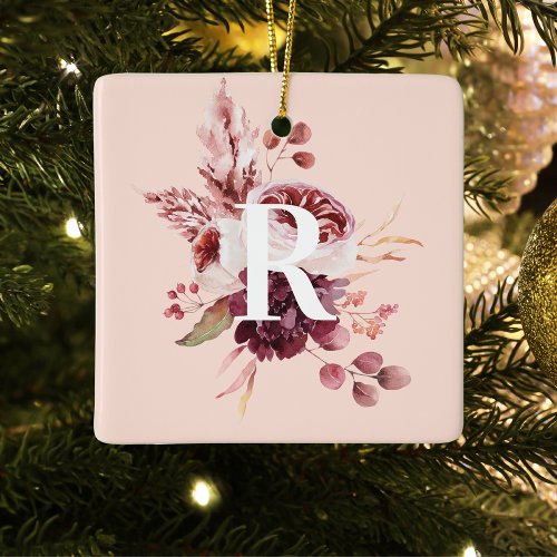 Modern Pastel Pink  Red Floral With Initial Ceramic Ornament