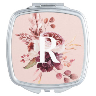 Modern Pastel Pink & Red Floral With Initial Compact Mirror