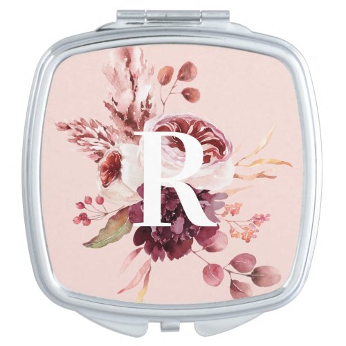 Modern Pastel Pink  Red Floral With Initial Compact Mirror