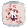 Modern Pastel Pink & Red Floral With Initial Compact Mirror