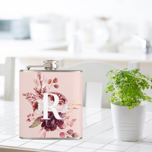 Modern Pastel Pink & Red Floral With Initial Flask