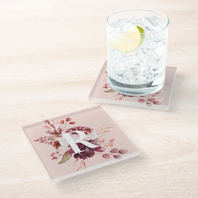 Modern Pastel Pink & Red Floral With Initial Glass Coaster (Angled)