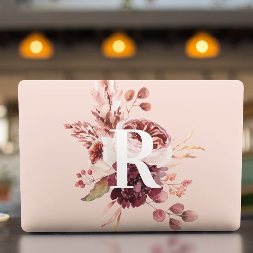 Modern Pastel Pink  Red Floral With Initial HP Laptop Skin