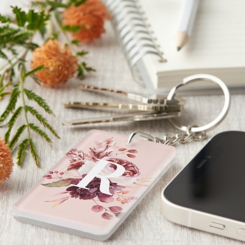 Modern Pastel Pink  Red Floral With Initial Keychain