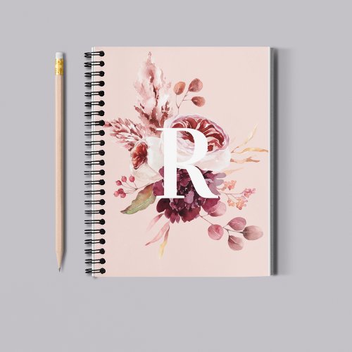 Modern Pastel Pink  Red Floral With Initial Notebook